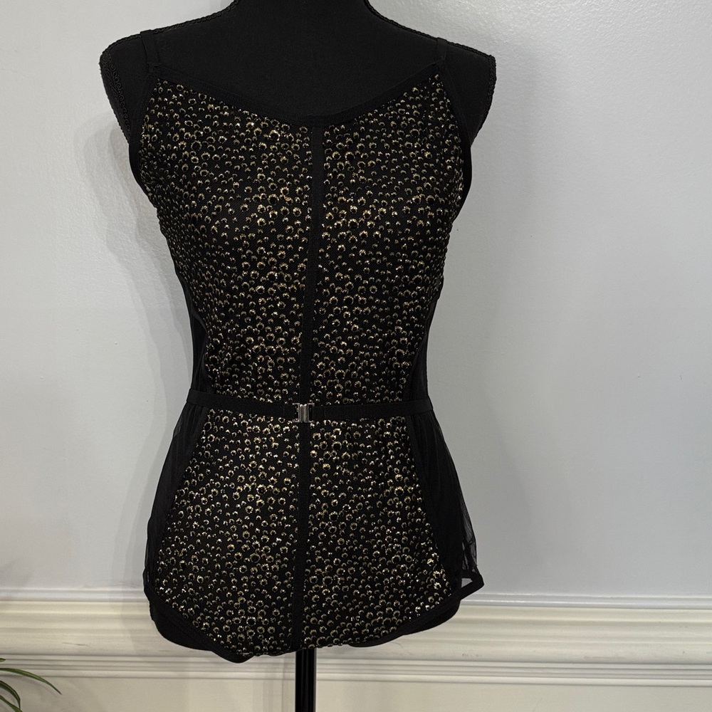 NWOT Taryn Winters Sabine Black Gold Sheer Bodysuit L